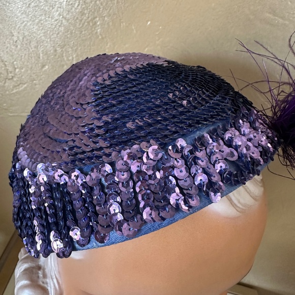FASCINATING 1950s\' COCTAIL HAT - PURPLE SEQUINS + FEATHERS main image 6